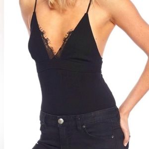 Free People Black V Neck Lace Bodysuit